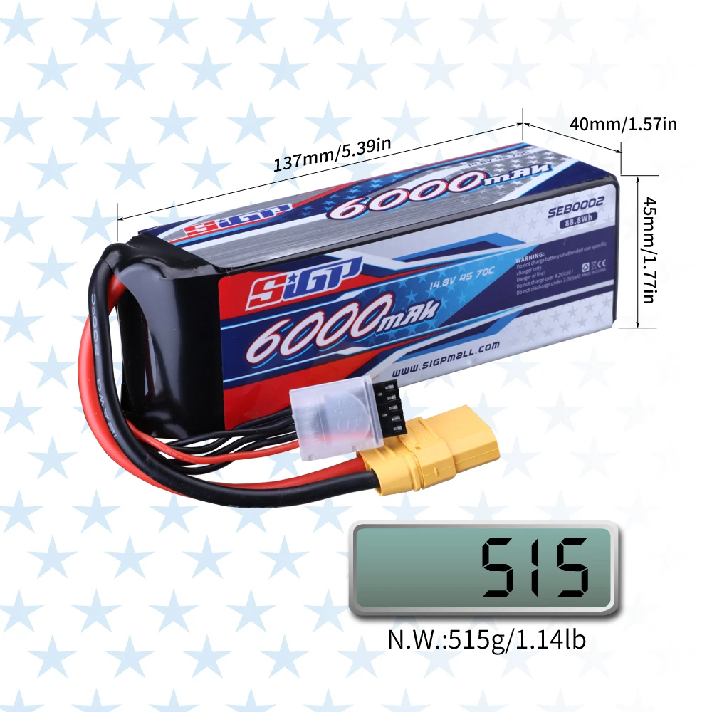 SIGP 4S 14.8V Lipo Battery 5100mAh 6000mAh 70C with XT90 EC5 Plug for RC Car Truck Boat Vehicles Tank Buggy Racing Hobby 2 Packs