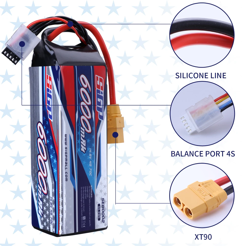 SIGP 4S 14.8V Lipo Battery 5100mAh 6000mAh 70C with XT90 EC5 Plug for RC Car Truck Boat Vehicles Tank Buggy Racing Hobby 2 Packs