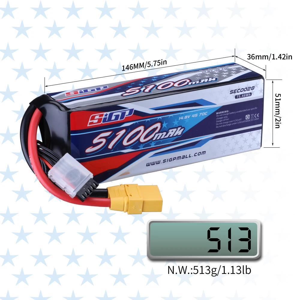 SIGP 4S 14.8V Lipo Battery 5100mAh 6000mAh 70C with XT90 EC5 Plug for RC Car Truck Boat Vehicles Tank Buggy Racing Hobby 2 Packs