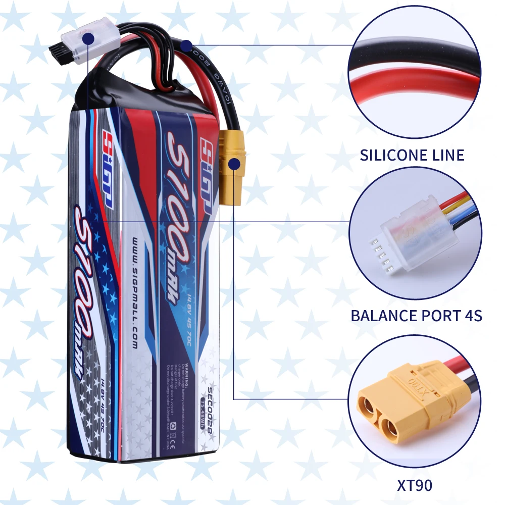 SIGP 4S 14.8V Lipo Battery 5100mAh 6000mAh 70C with XT90 EC5 Plug for RC Car Truck Boat Vehicles Tank Buggy Racing Hobby 2 Packs