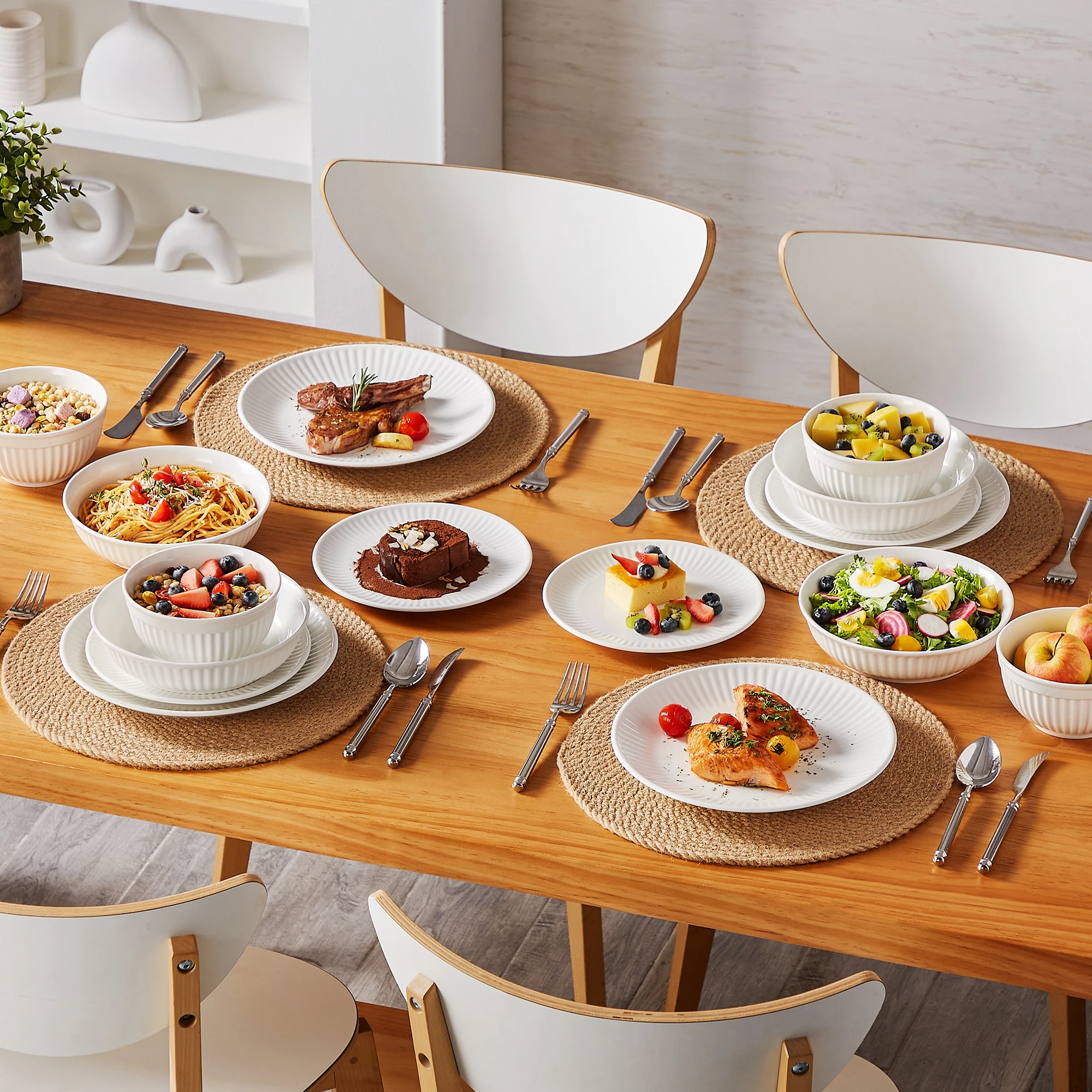 MALACASA LEILA 12/16/24/32 Ceramic Plate Sets White Porcelain Dinnerware Set with 4/6 PCS Dinner Plate/Dessert/Cereal Bowl/Soup