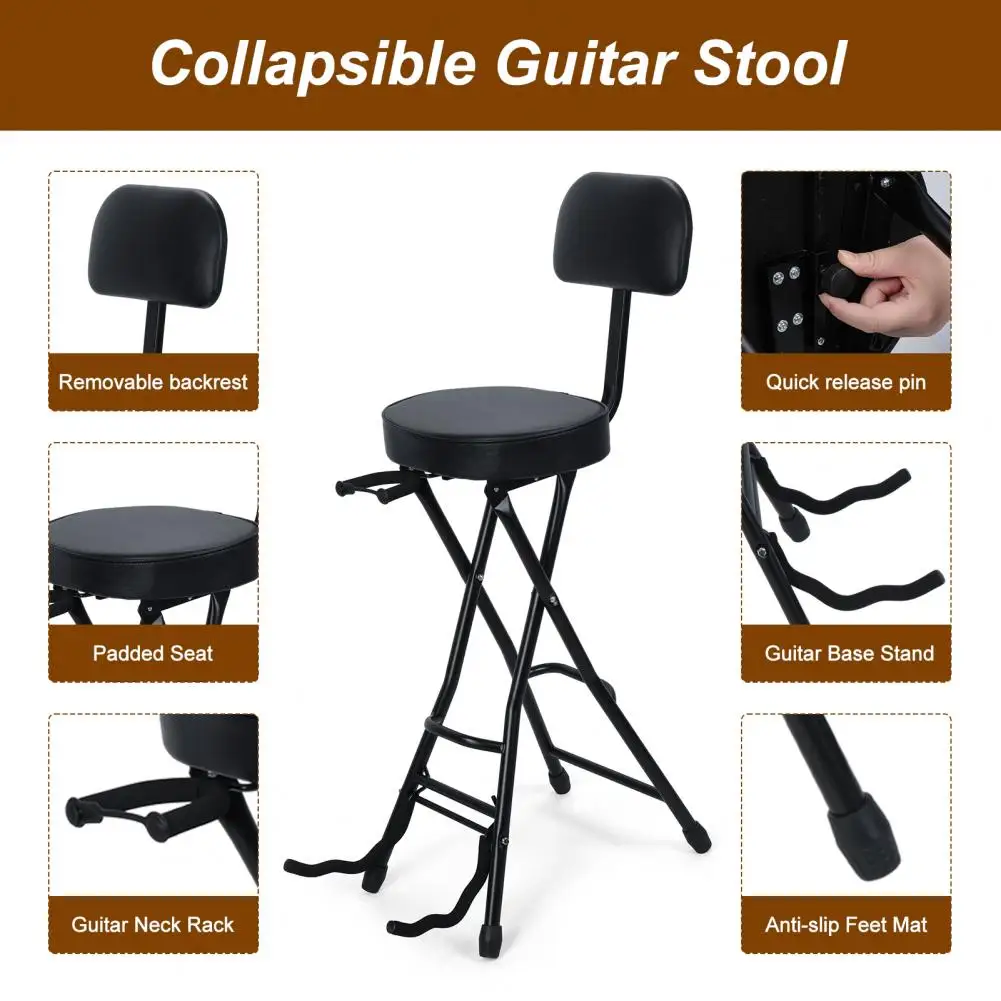 Guitar Stool with Padded Cushion Heavy-Duty Ergonomic Backrest Folding Chair with Guitar Stand Adult Portable Folding Stool