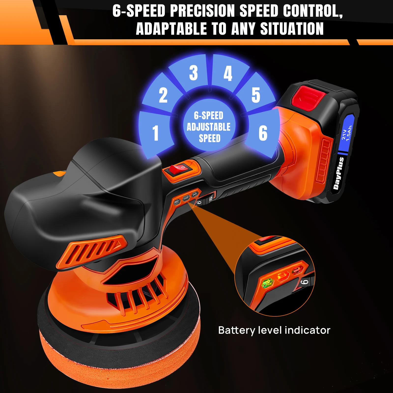 NEW! DayPlus 21V Car Polisher Buffer Machine Cordless 6-Speed Electric Polisher Kit 150mm Base for Polishing Sanding 2 Battery