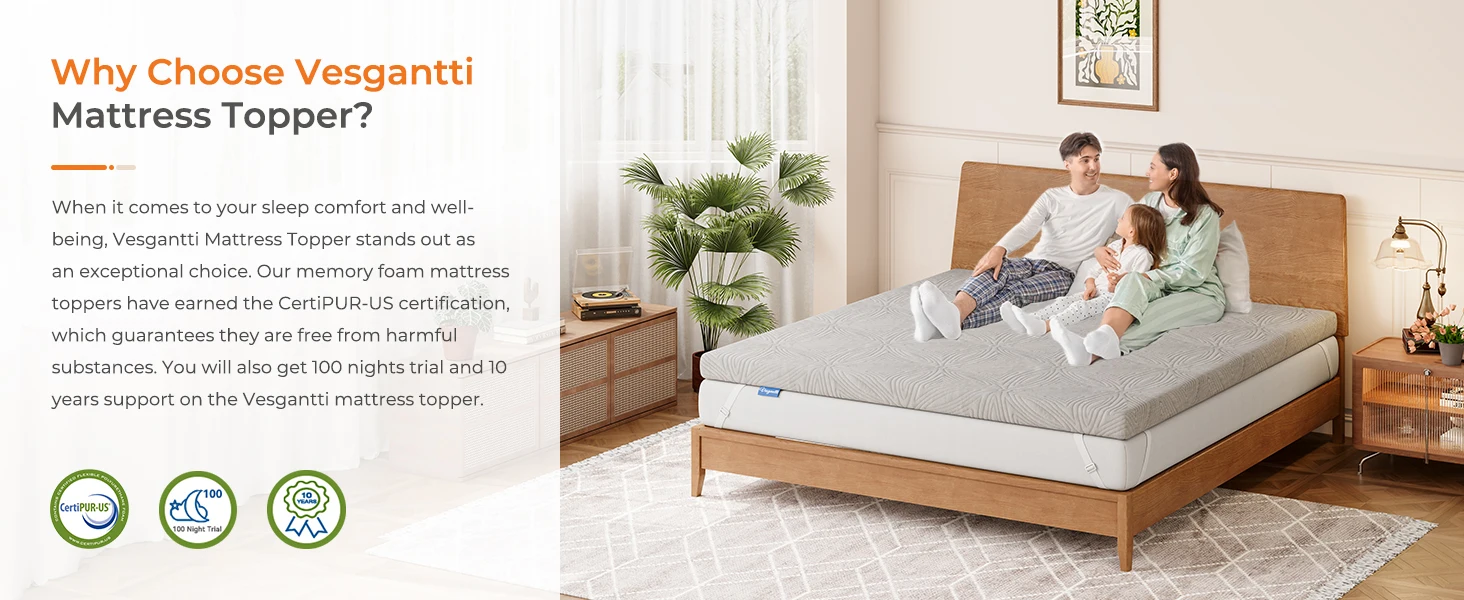 Vesgantti 3-Inch Gel Memory Foam Mattress Topper for Cool Sleep & Back Pain Relief Certipur-Us Certified with Washable Cover