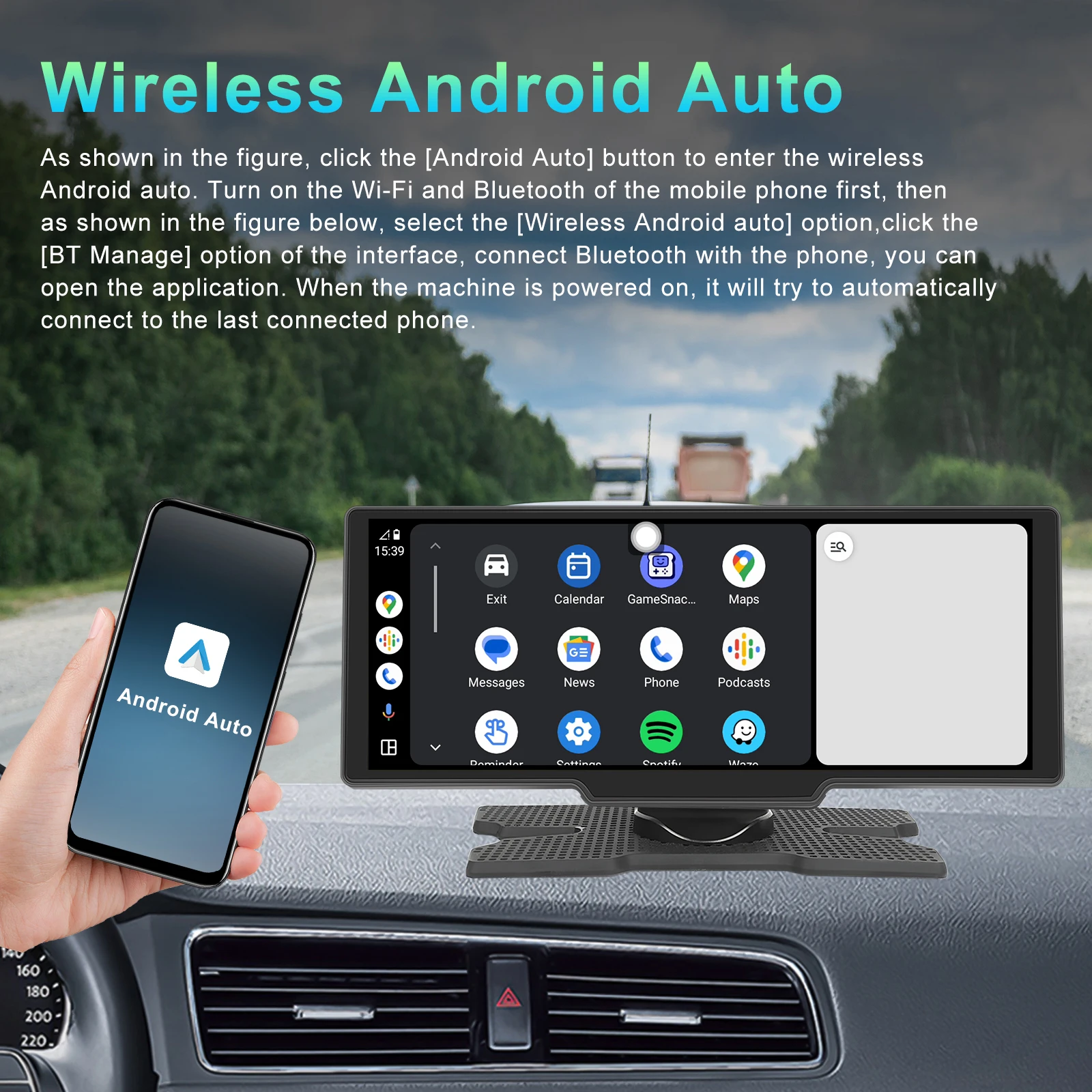 Podofo Wireless Carplay Portable Digital Dashboard Android Auto 10.26 Inch Smart Player With Voice Control 1080P BT TF