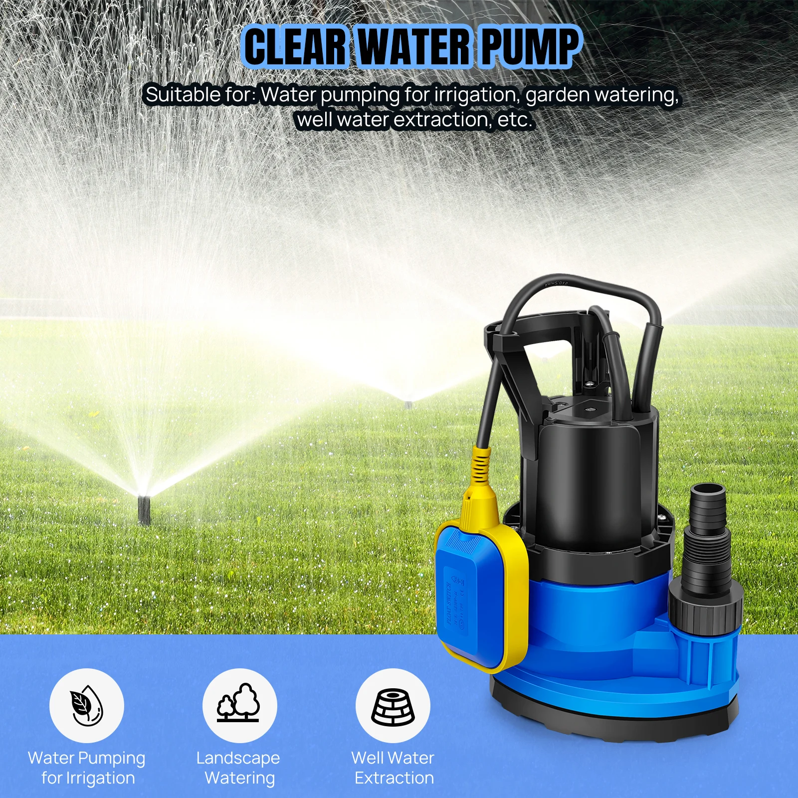 350W Portable Submersible Pump for Clean and Dirty Water for Garden Pond, Pools, and Ditches + Float Switch