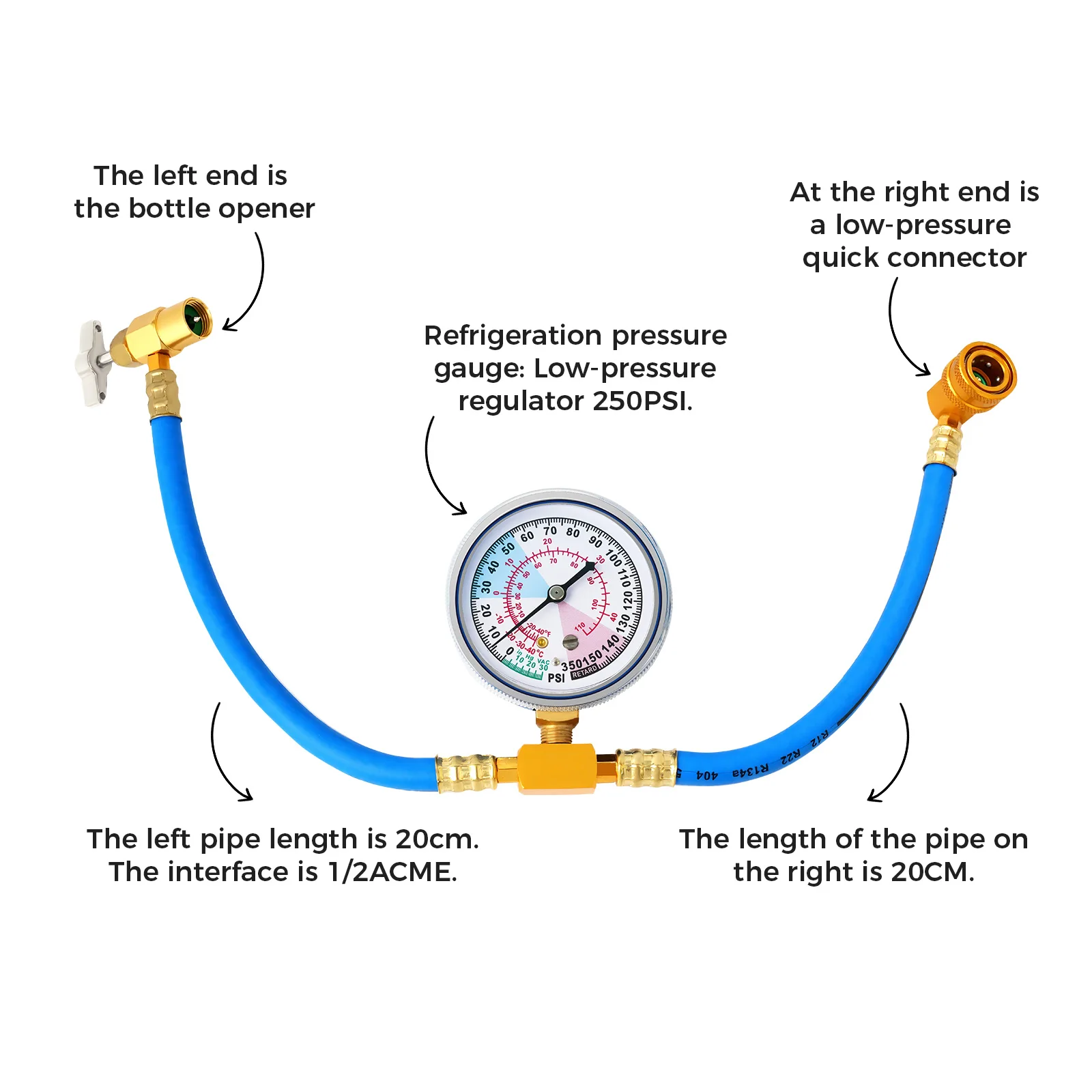 Hose Gauge Kit R134A Car Air Conditioner Refrigerant Recharge Fluoride Tool Kit 100 PSI Replacement 480 mm/18.90 Inches Length