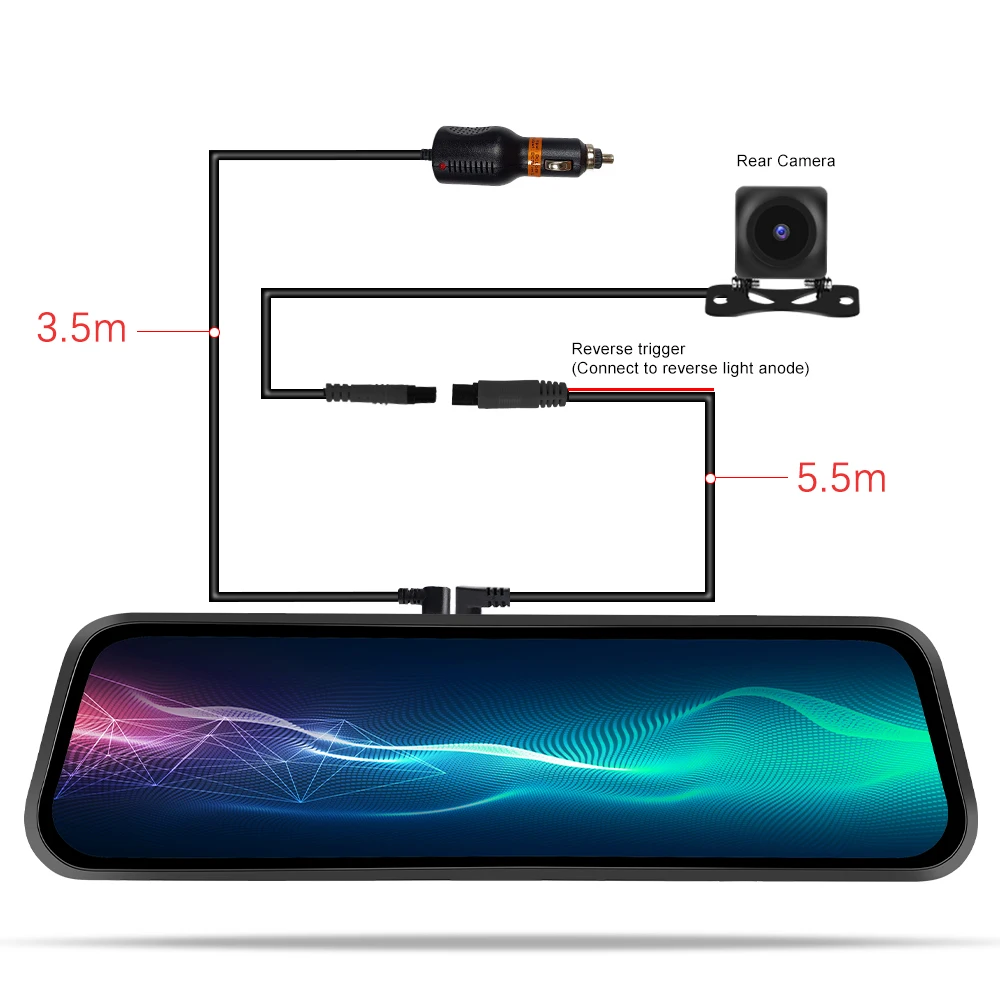 Podofo 9.66 Inch Rearview Mirror Recorder 1080p Automobile Dash Cam Video Recorder DVR Dash Cam Cycle Dual Lens