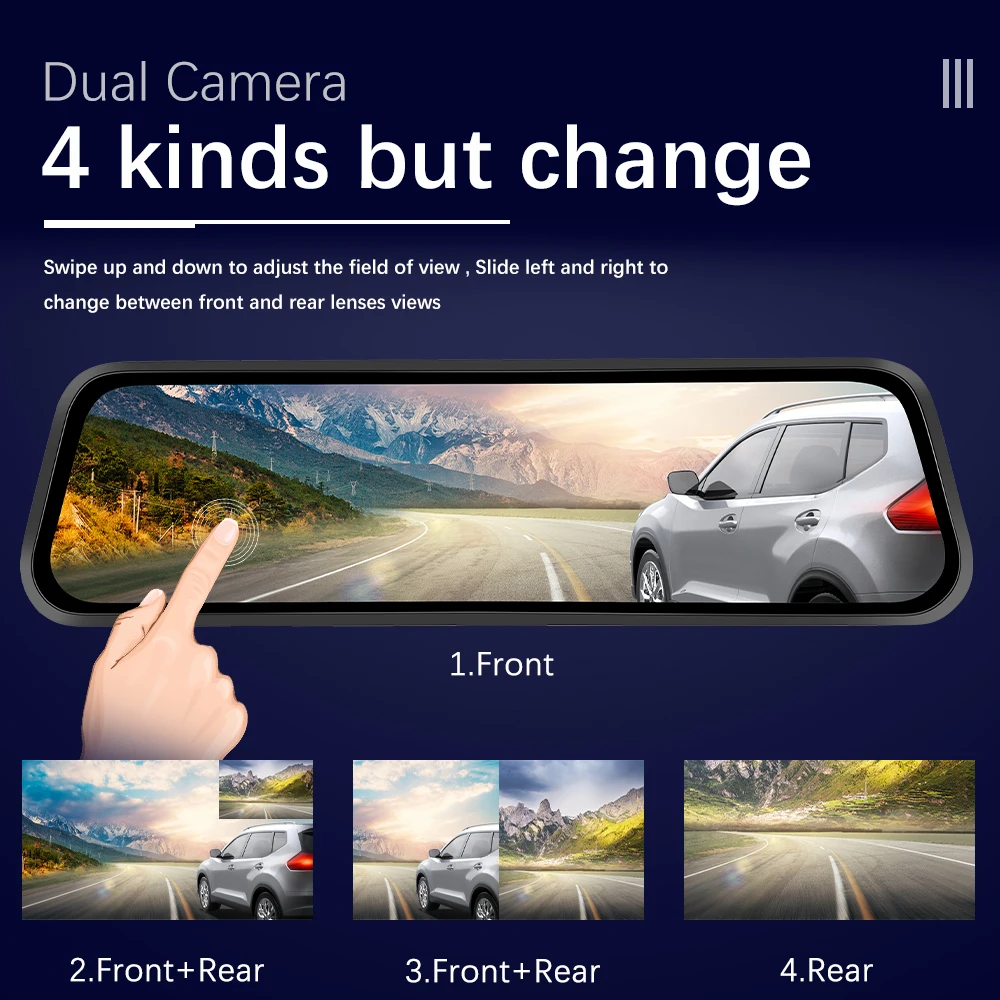 Podofo 9.66 Inch Rearview Mirror Recorder 1080p Automobile Dash Cam Video Recorder DVR Dash Cam Cycle Dual Lens