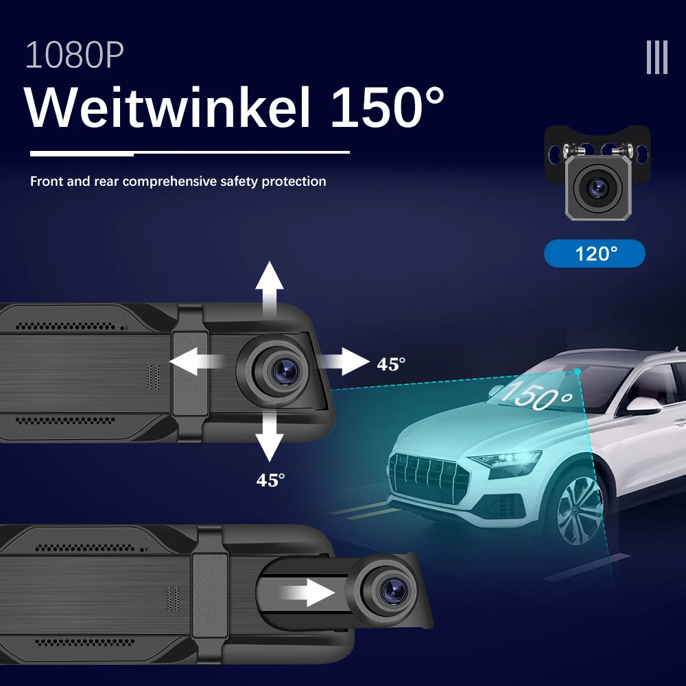 Podofo 9.66 Inch Rearview Mirror Recorder 1080p Automobile Dash Cam Video Recorder DVR Dash Cam Cycle Dual Lens