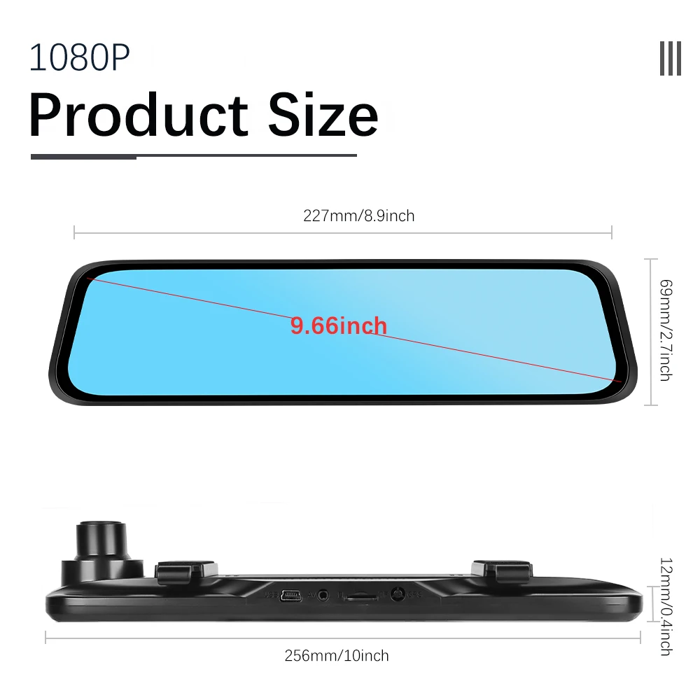 Podofo 9.66 Inch Rearview Mirror Recorder 1080p Automobile Dash Cam Video Recorder DVR Dash Cam Cycle Dual Lens
