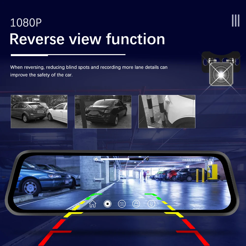 Podofo 9.66 Inch Rearview Mirror Recorder 1080p Automobile Dash Cam Video Recorder DVR Dash Cam Cycle Dual Lens