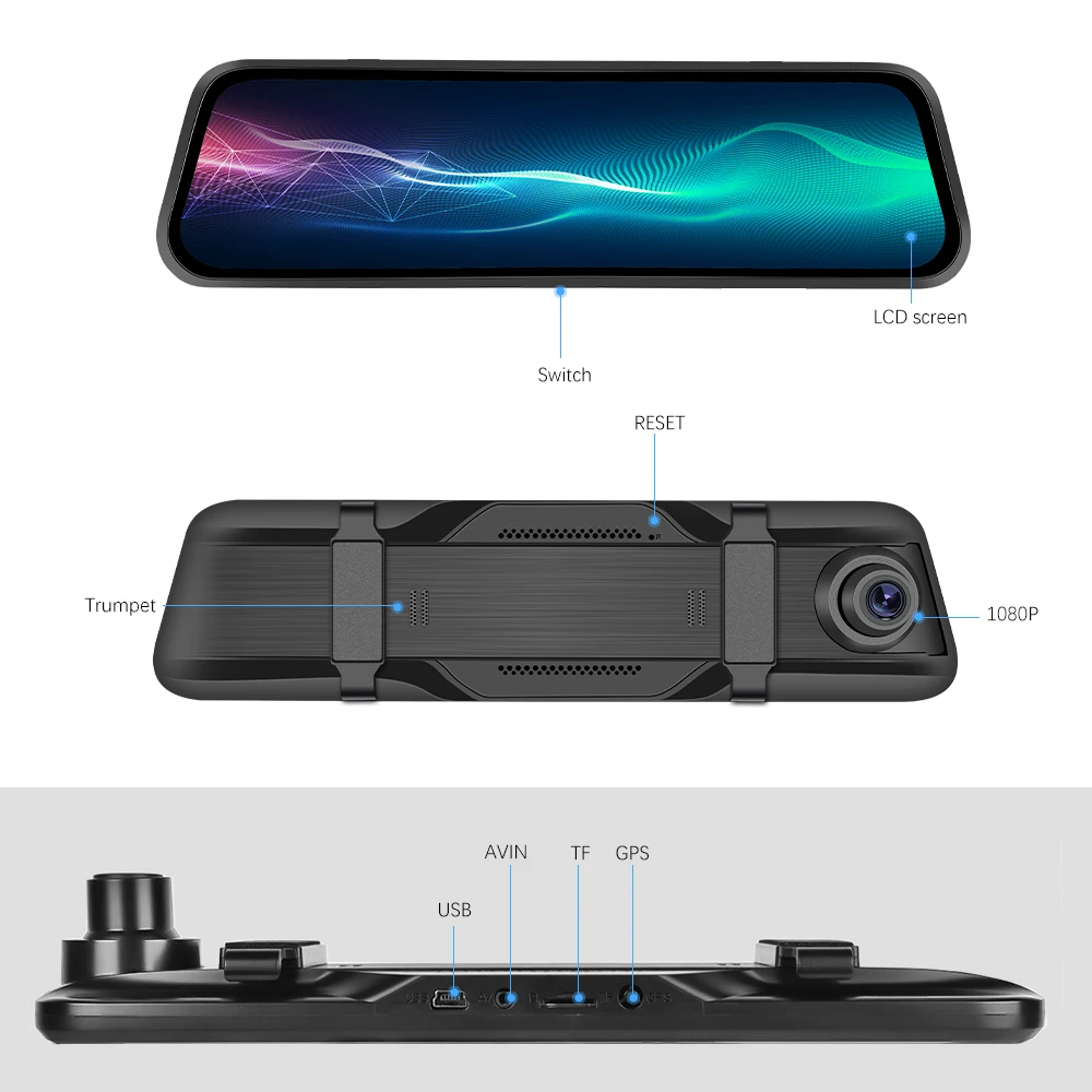 Podofo 9.66 Inch Rearview Mirror Recorder 1080p Automobile Dash Cam Video Recorder DVR Dash Cam Cycle Dual Lens