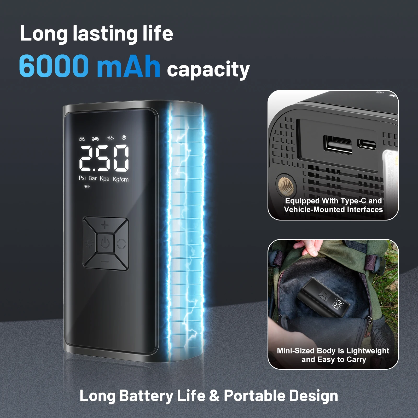 150PSI Cordless Air Pump 12V Tire Air Compressor LED Light USB Rechargeable Full-Screen Digital for Car Motorcycle Bicycle