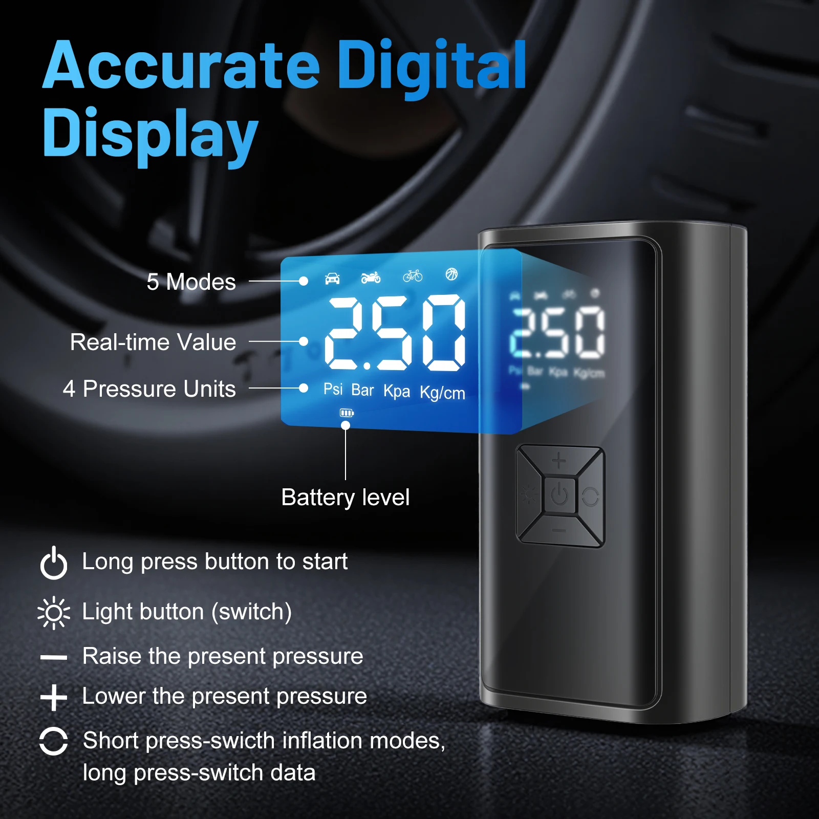 150PSI Cordless Air Pump 12V Tire Air Compressor LED Light USB Rechargeable Full-Screen Digital for Car Motorcycle Bicycle
