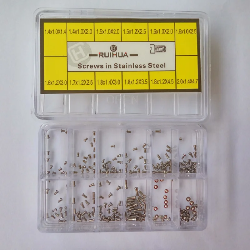 1.4mm-2.0mm 12 Sizes One Slotted Head Stainless Steel Watch Case Screws for Watch Repairing Replacement Screws Watchmakers Tools