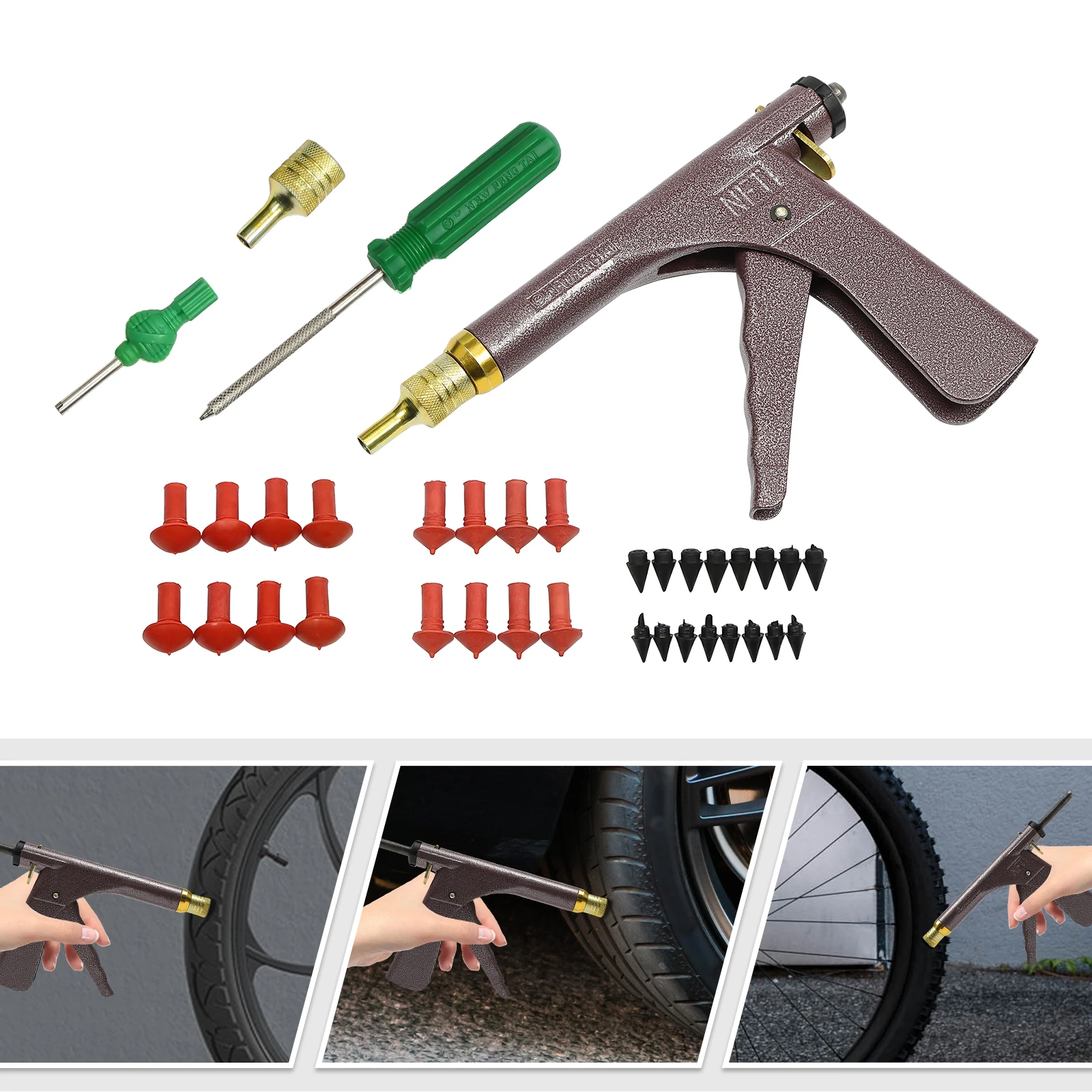 Tyre Repair Kit,Tire Puncture Repair Kit Vacuum Tyre Repair Gun w/16 Mushroom Plugs Portable Durable for Cars Motorcycles Truck