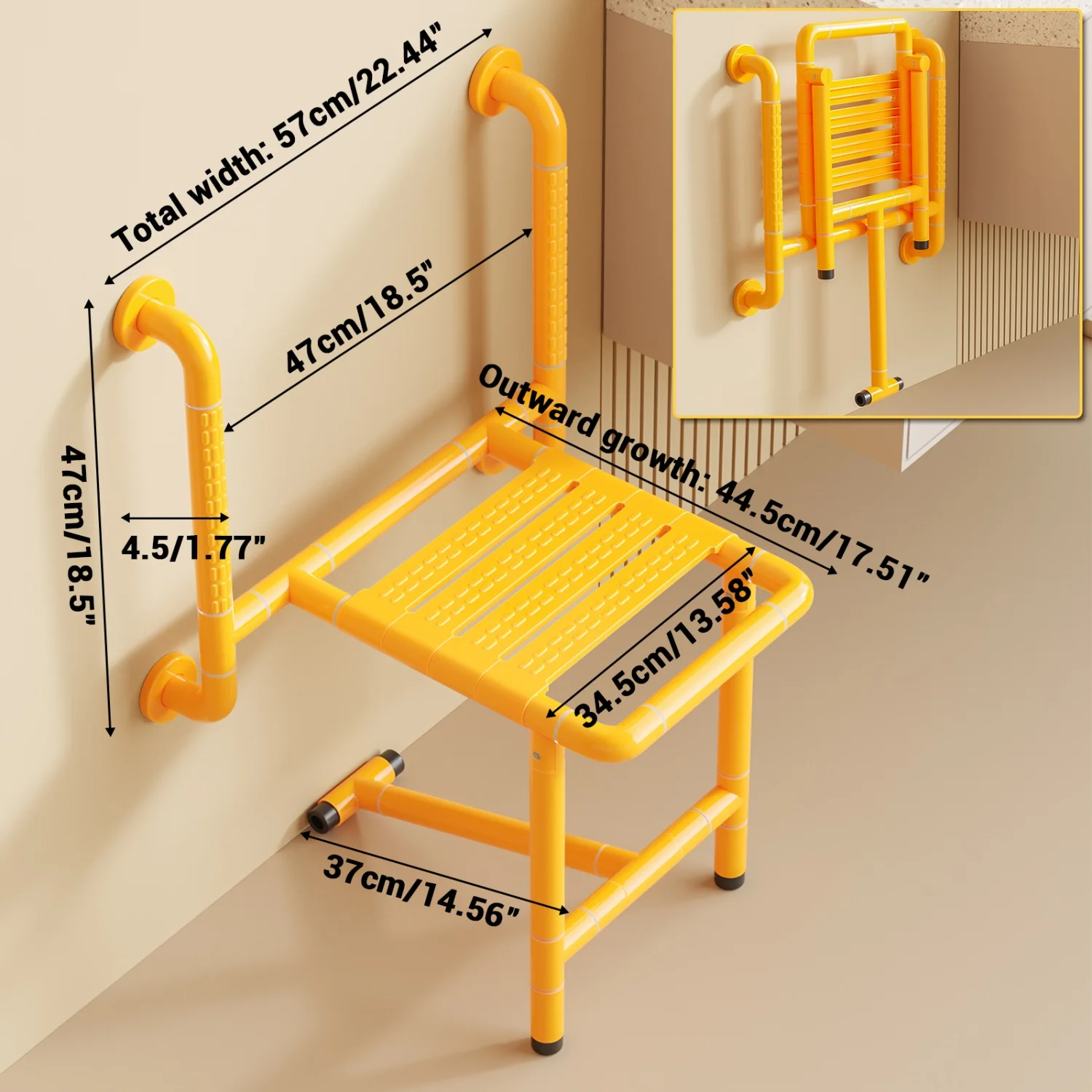 Shower Seat Folding Wall Mounted Fold Up Shower Bench Bath Stool with 150Kg Load Capacity for Seniors Pregnant Women Adults