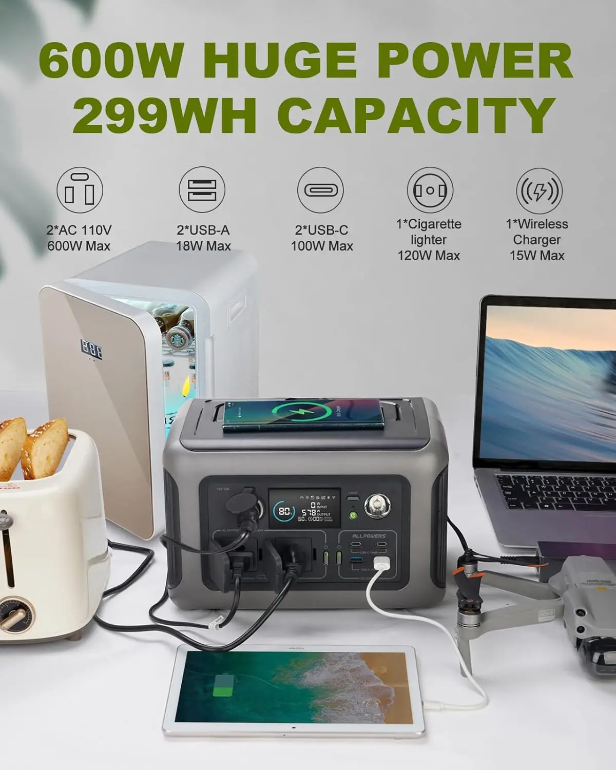 ALLPOWERS R600 Portable Power Station 600W 299Wh LiFePO4 Solar Generator UPS Battery Backup MPPT & 100W Solar panel for Camping