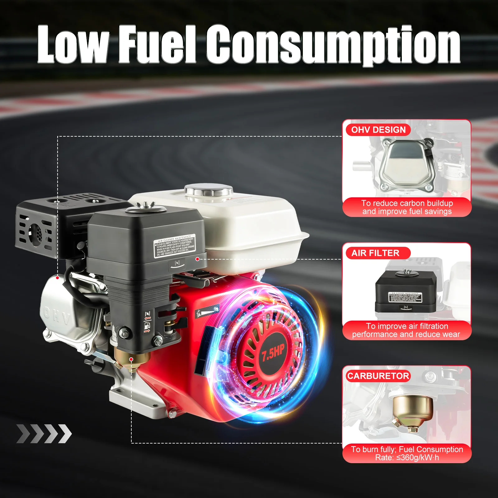 4-Stroke Petrol Engine, 7.5 HP OHV Single Cylinder Gasoline Engine Gas Motor Engine Go Kart Engine Air Cooling 212CC