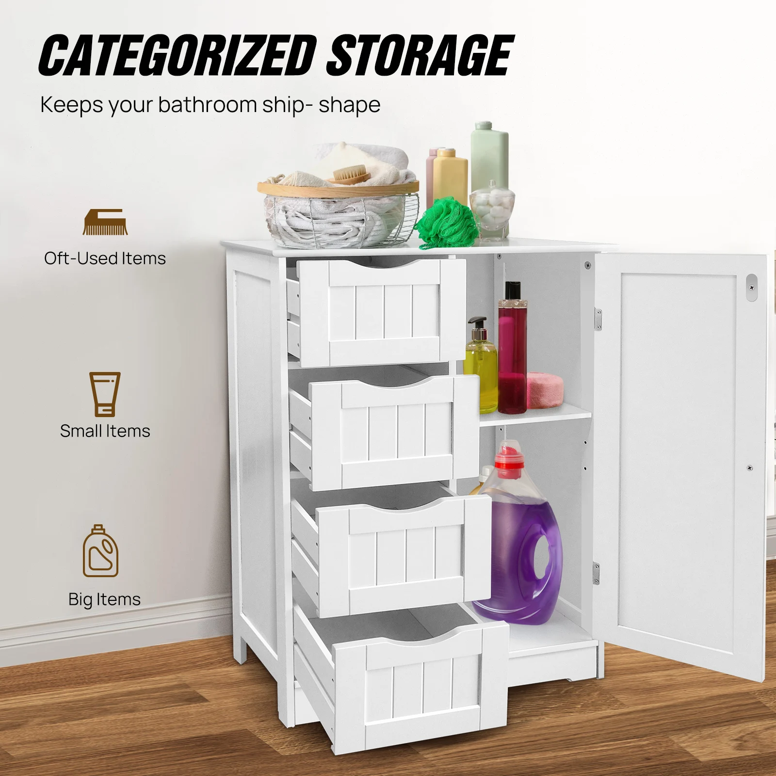 4-Drawer Bathroom Storage Cabinet with Door – Floor Standing Wooden Cupboard, White Chest of Drawers for Bathroom Organization