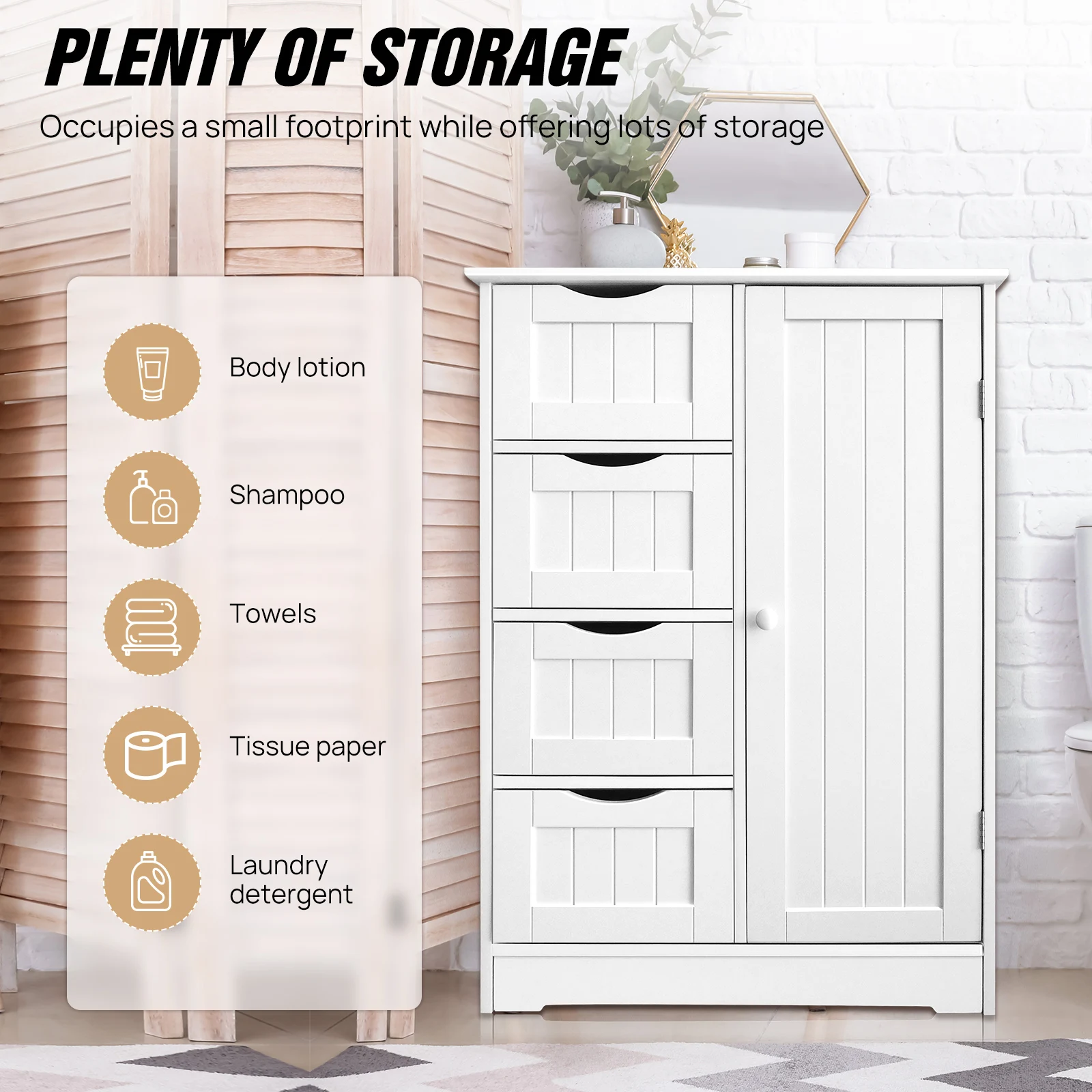 4-Drawer Bathroom Storage Cabinet with Door – Floor Standing Wooden Cupboard, White Chest of Drawers for Bathroom Organization