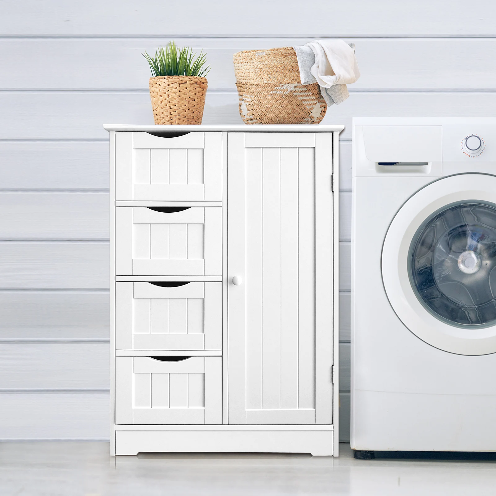 4-Drawer Bathroom Storage Cabinet with Door – Floor Standing Wooden Cupboard, White Chest of Drawers for Bathroom Organization