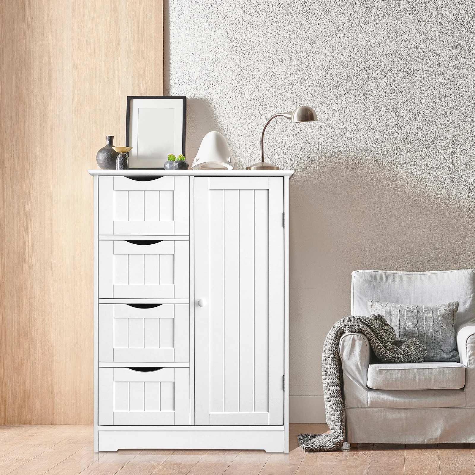 4-Drawer Bathroom Storage Cabinet with Door – Floor Standing Wooden Cupboard, White Chest of Drawers for Bathroom Organization
