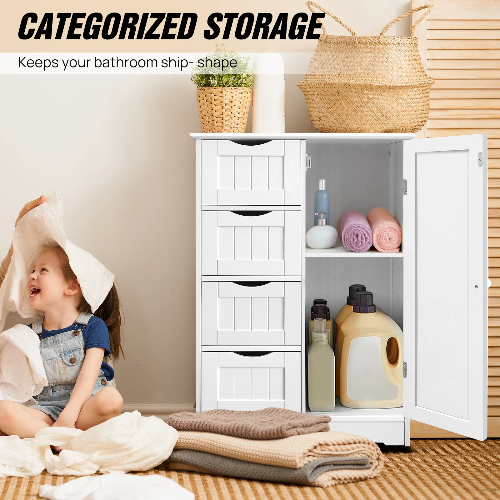 4-Drawer Bathroom Storage Cabinet with Door – Floor Standing Wooden Cupboard, White Chest of Drawers for Bathroom Organization