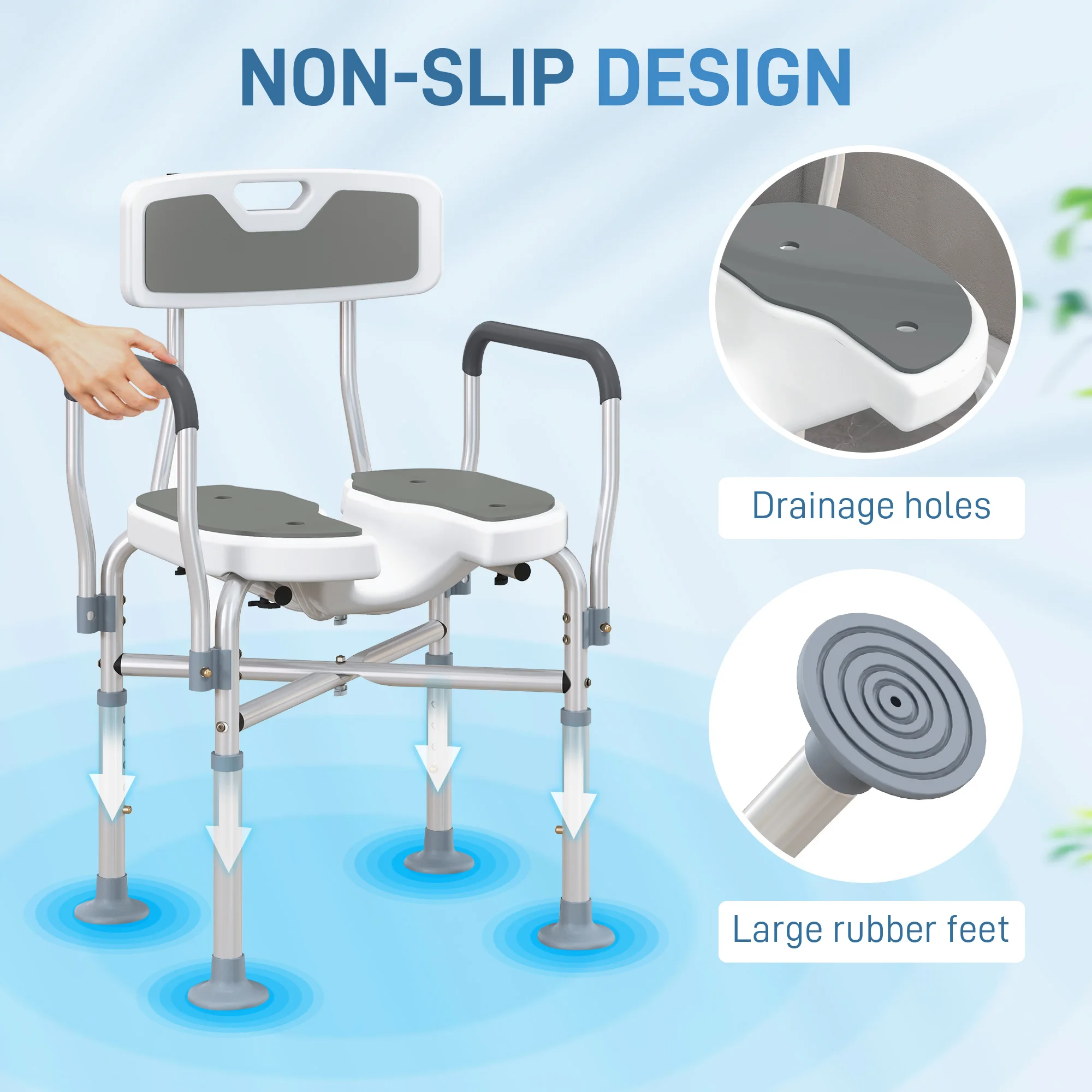 HOMCOM Padded Bath Chair with Slotted Seat and Adjustable Height, Grey