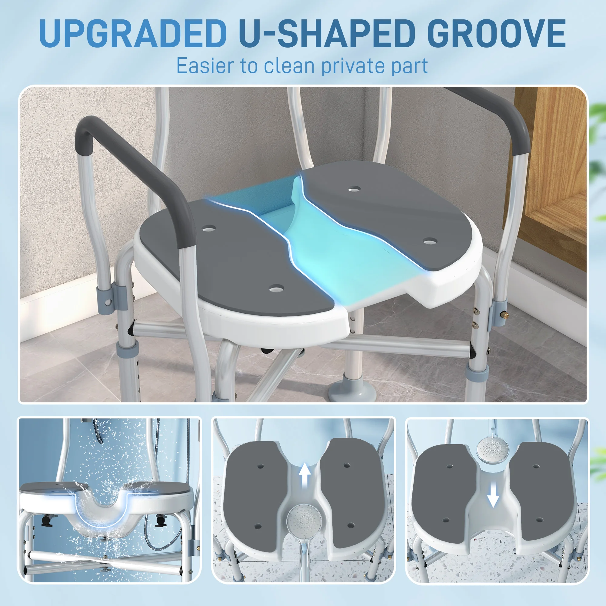 HOMCOM Padded Bath Chair with Slotted Seat and Adjustable Height, Grey