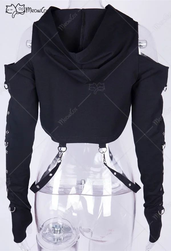 Clearance Price MEOWCOS Women Gothic Off-the-shoulder Top Dark Style Black Cotton Sexy Design Ripped Sweatshirt