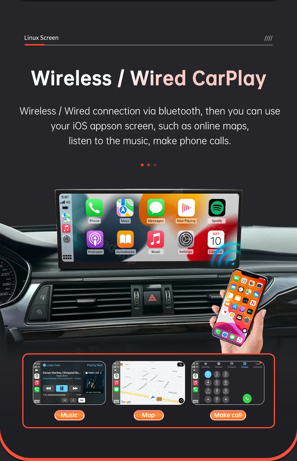 Wireless CarPlay Car Multimedia Display For Audi A6 A7 2016-2018 Linux Touch Screen with Android Auto Airplay Autolink Functions