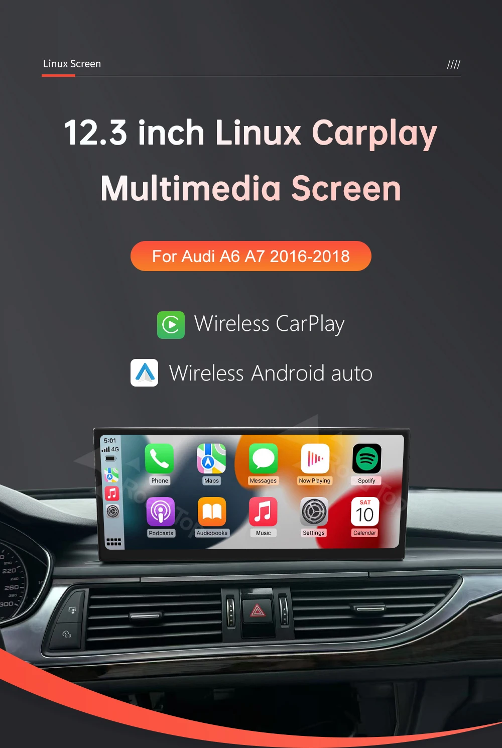 Wireless CarPlay Car Multimedia Display For Audi A6 A7 2016-2018 Linux Touch Screen with Android Auto Airplay Autolink Functions