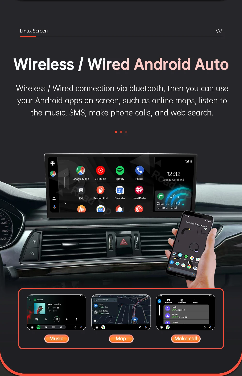 Wireless CarPlay Car Multimedia Display For Audi A6 A7 2016-2018 Linux Touch Screen with Android Auto Airplay Autolink Functions