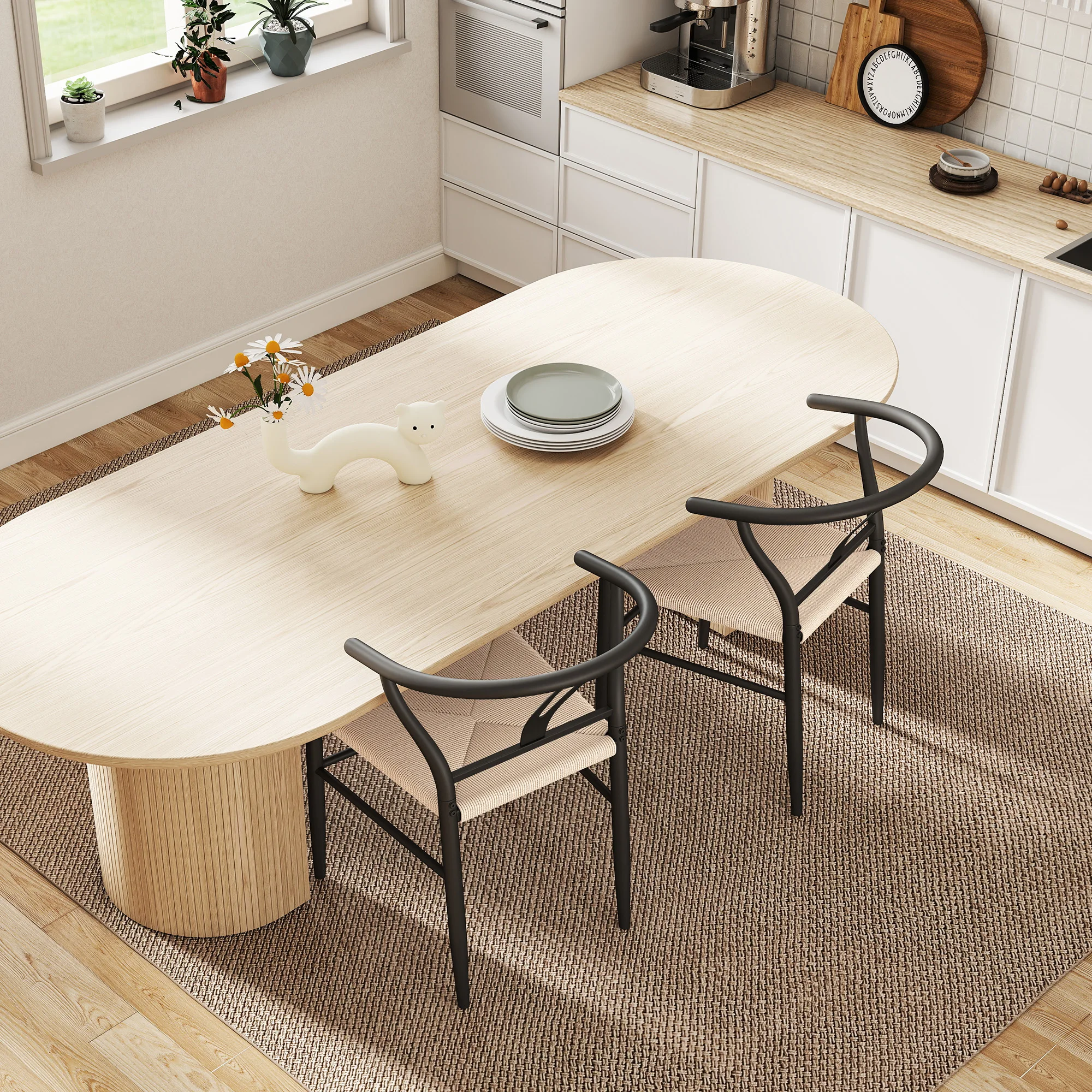 HOMCOM Weave Dining Chairs Set of 2 with Y-Shaped Backrest Hemp Seat Black