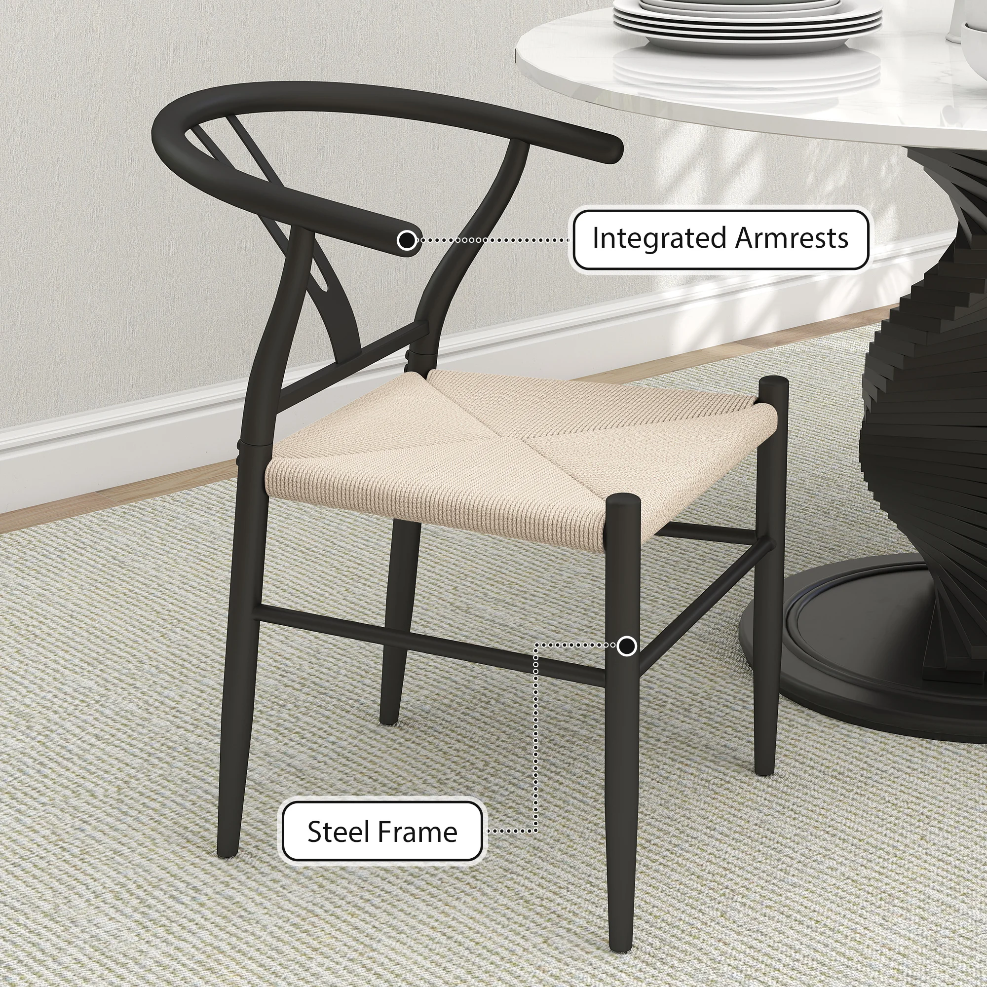 HOMCOM Weave Dining Chairs Set of 2 with Y-Shaped Backrest Hemp Seat Black