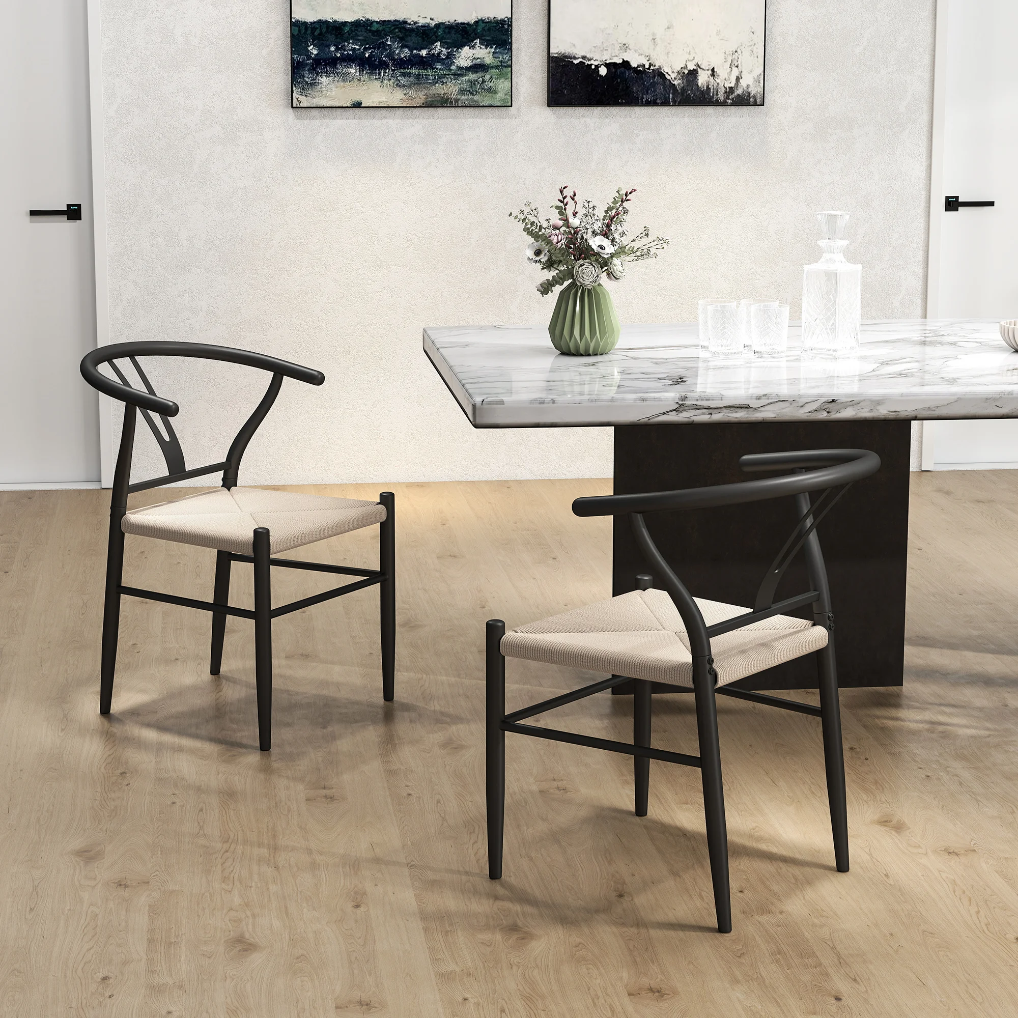 HOMCOM Weave Dining Chairs Set of 2 with Y-Shaped Backrest Hemp Seat Black