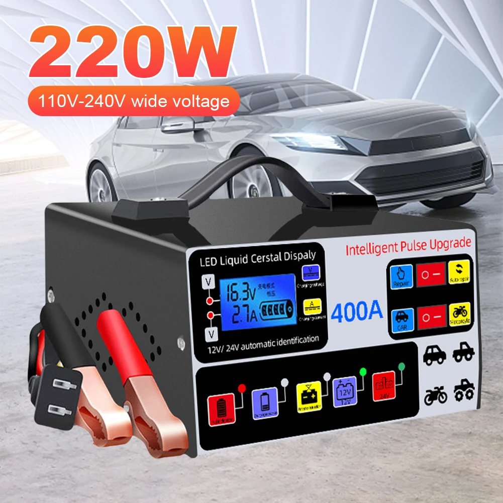 400A Car Battery Charger LCD Display Battery High Power Fast Charger Intelligent Pulse Repair Charger Self-Stop Battery Charger