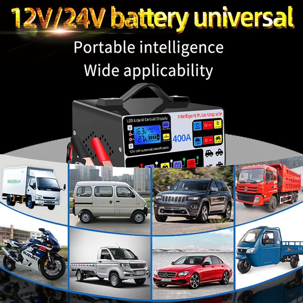 400A Car Battery Charger LCD Display Battery High Power Fast Charger Intelligent Pulse Repair Charger Self-Stop Battery Charger