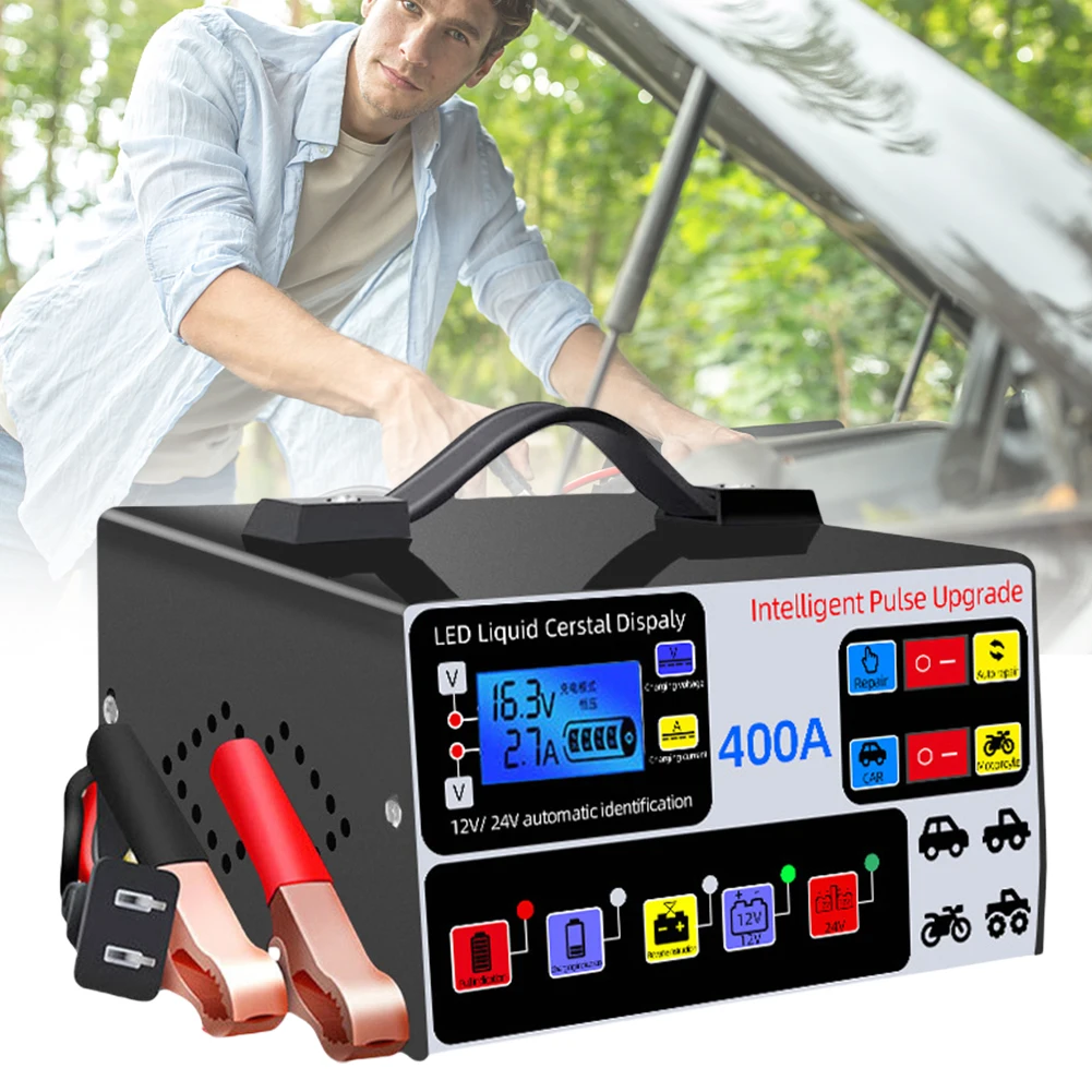 400A Car Battery Charger LCD Display Battery High Power Fast Charger Intelligent Pulse Repair Charger Self-Stop Battery Charger