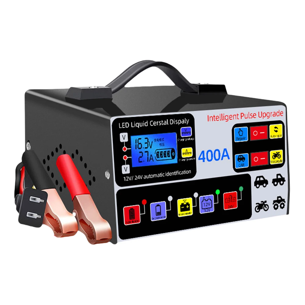 400A Car Battery Charger LCD Display Battery High Power Fast Charger Intelligent Pulse Repair Charger Self-Stop Battery Charger
