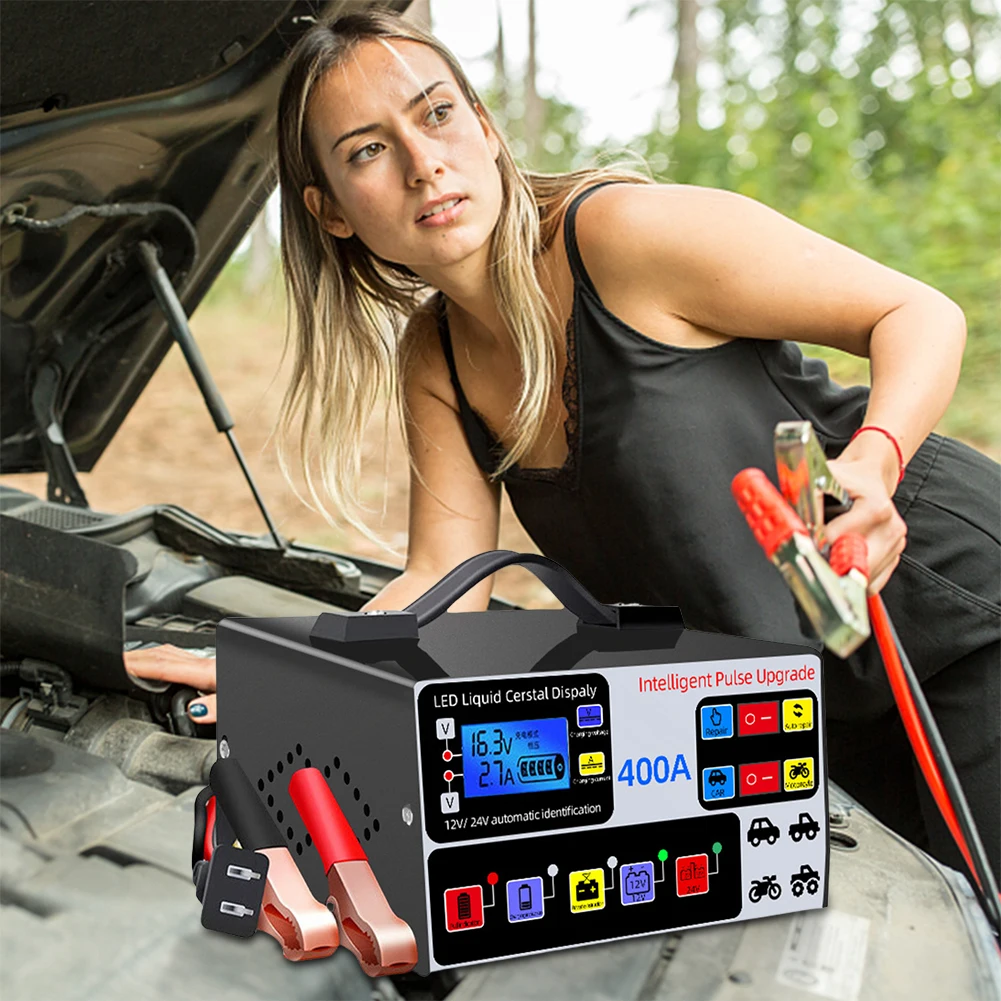 400A Car Battery Charger LCD Display Battery High Power Fast Charger Intelligent Pulse Repair Charger Self-Stop Battery Charger
