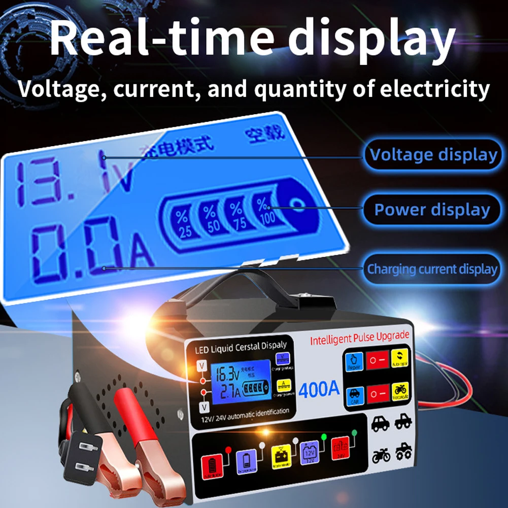 400A Car Battery Charger LCD Display Battery High Power Fast Charger Intelligent Pulse Repair Charger Self-Stop Battery Charger