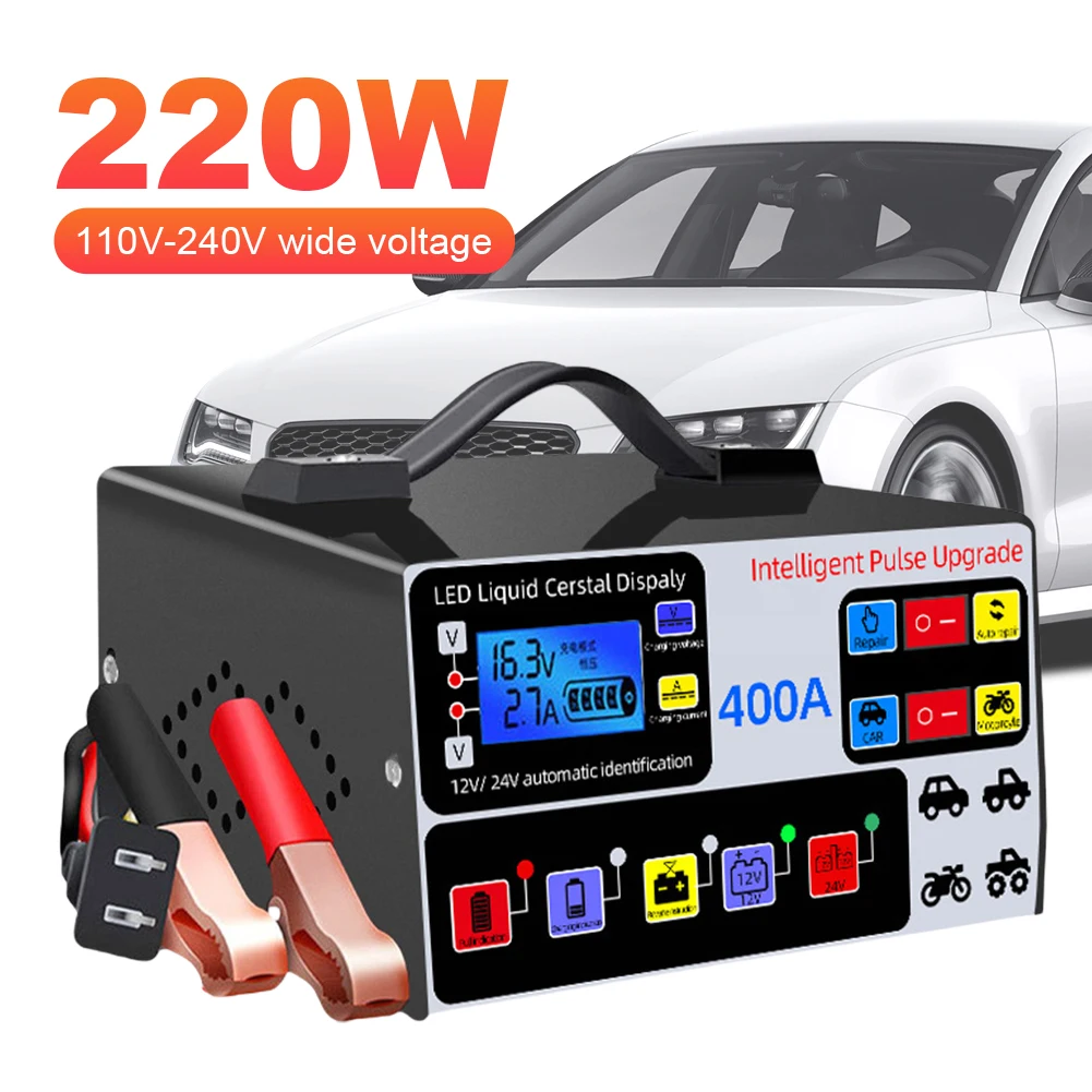 400A Car Battery Charger LCD Display Battery High Power Fast Charger Intelligent Pulse Repair Charger Self-Stop Battery Charger
