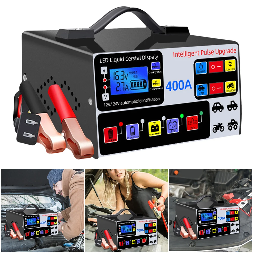 400A Car Battery Charger LCD Display Battery High Power Fast Charger Intelligent Pulse Repair Charger Self-Stop Battery Charger
