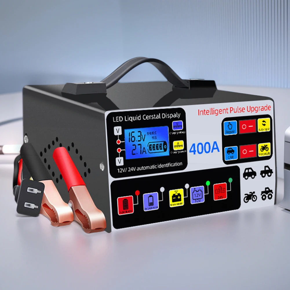 400A Car Battery Charger LCD Display Battery High Power Fast Charger Intelligent Pulse Repair Charger Self-Stop Battery Charger