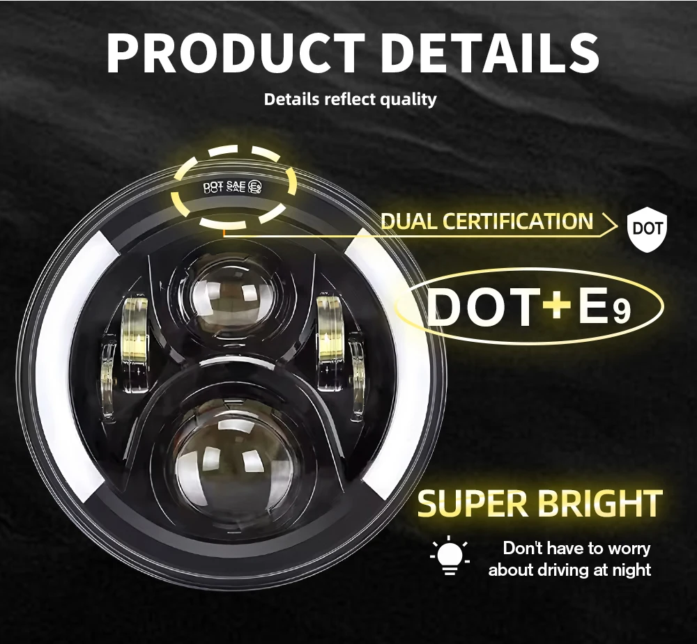 O LIGHT Car 7 Inch Led Headlight Hi/Low Beam H4 DRL Dot E9 For Jeep Wrangler JK LJ CJ Hummer OffRoad 4x4 Moto Headlamp 12V 24V