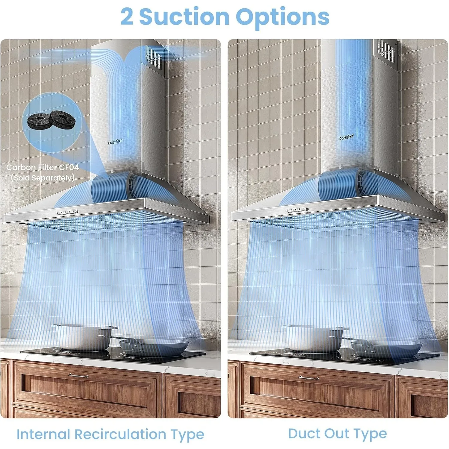 COMFEE' 60cm Chimney Cooker Hood Stainless Steel Extractor Hood with LED and Recirculating System Wall Mounted Range Hood