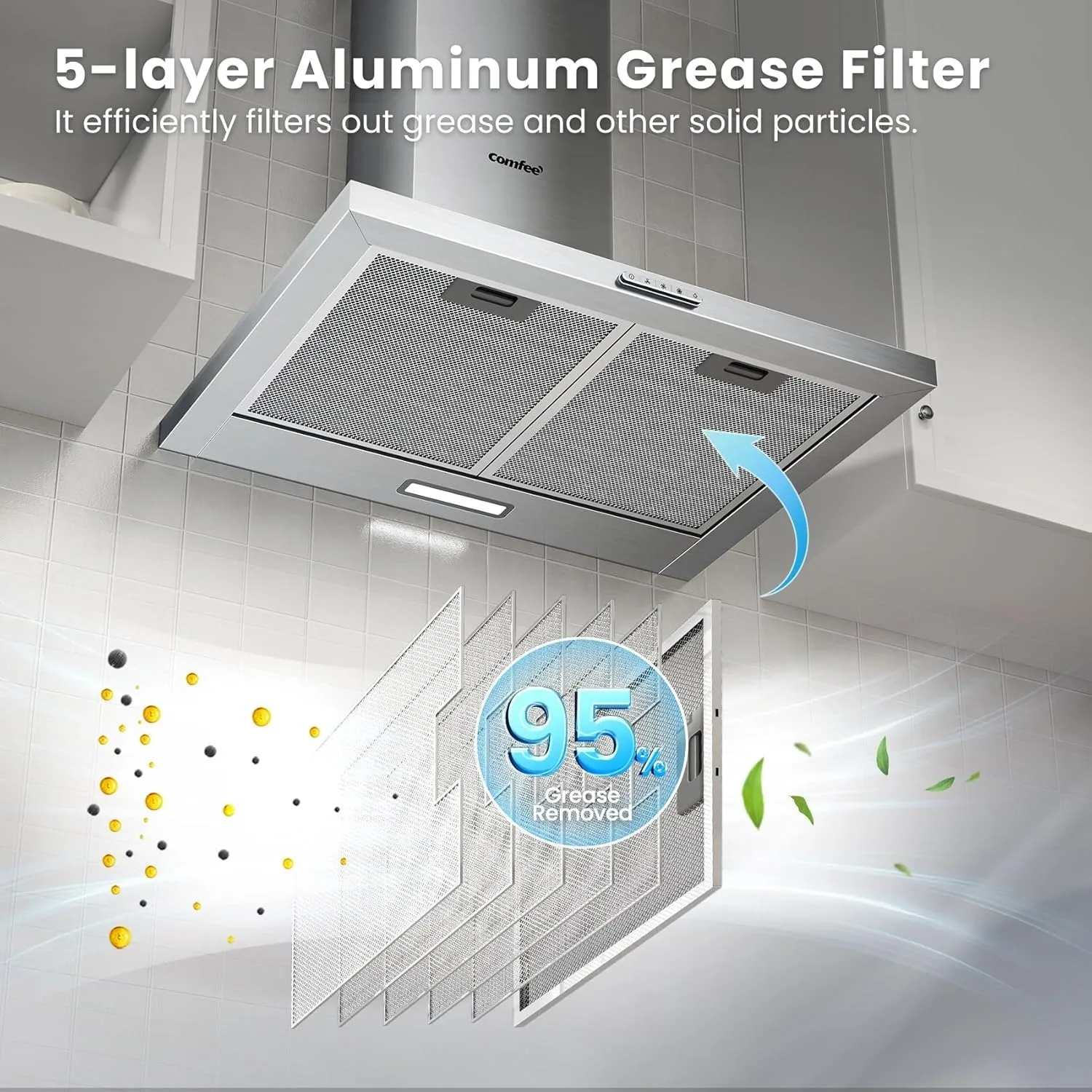 COMFEE' 60cm Chimney Cooker Hood Stainless Steel Extractor Hood with LED and Recirculating System Wall Mounted Range Hood